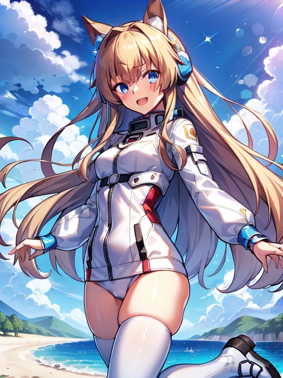 ((masterpiece))、highest quality、(Whole body wide angle)、Neo Universe(Umamusume)、1 girl, Neo Universe(Umamusume)、alone, chest, looking at the viewer, blush, smile, long hair, bangs, large chest, blonde long hair, long sleeve, blue eyes, headphone,beret,:d, body suit, b space, white body suit, blue sky,Ocean,summer,Wind:1.3,, space suit break