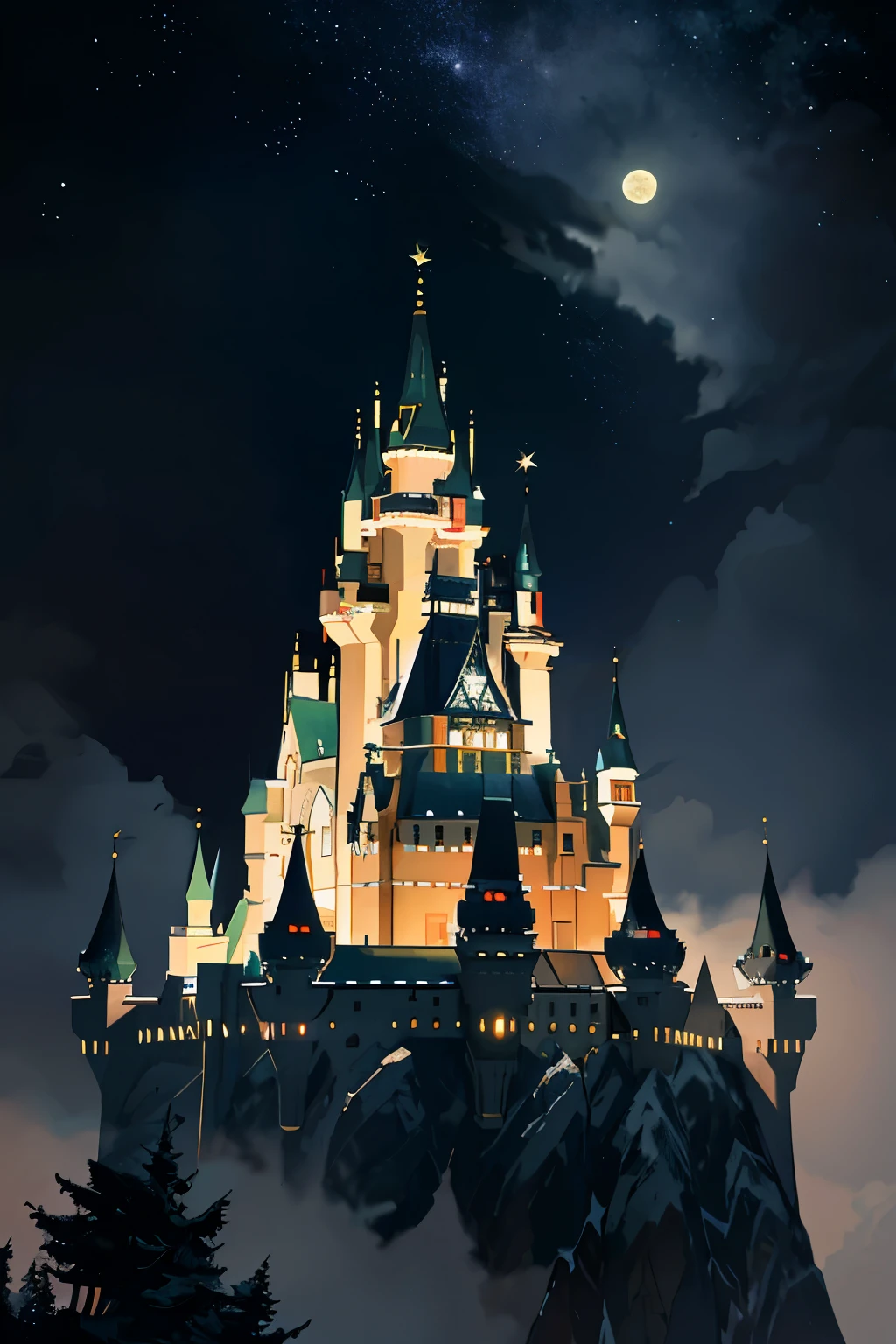 Beautiful castle, shrouded in night, perched atop a mountain in anime style --

A captivating castle, bathed in the tranquil night, proudly sits atop a majestic mountain, its intricate details illuminated by the soft glow of the moon and stars in an enchanting anime style. The grand edifice, with its towering turrets and ornate decorations, exudes an aura of mystery and wonder. The lights within its windows twinkle, casting a warm and inviting glow over the surrounding landscape. Despite the darkness, every line and curve of the castle is defined with utmost precision, creating an ultra-detailed and realistic masterpiece. The atmosphere is