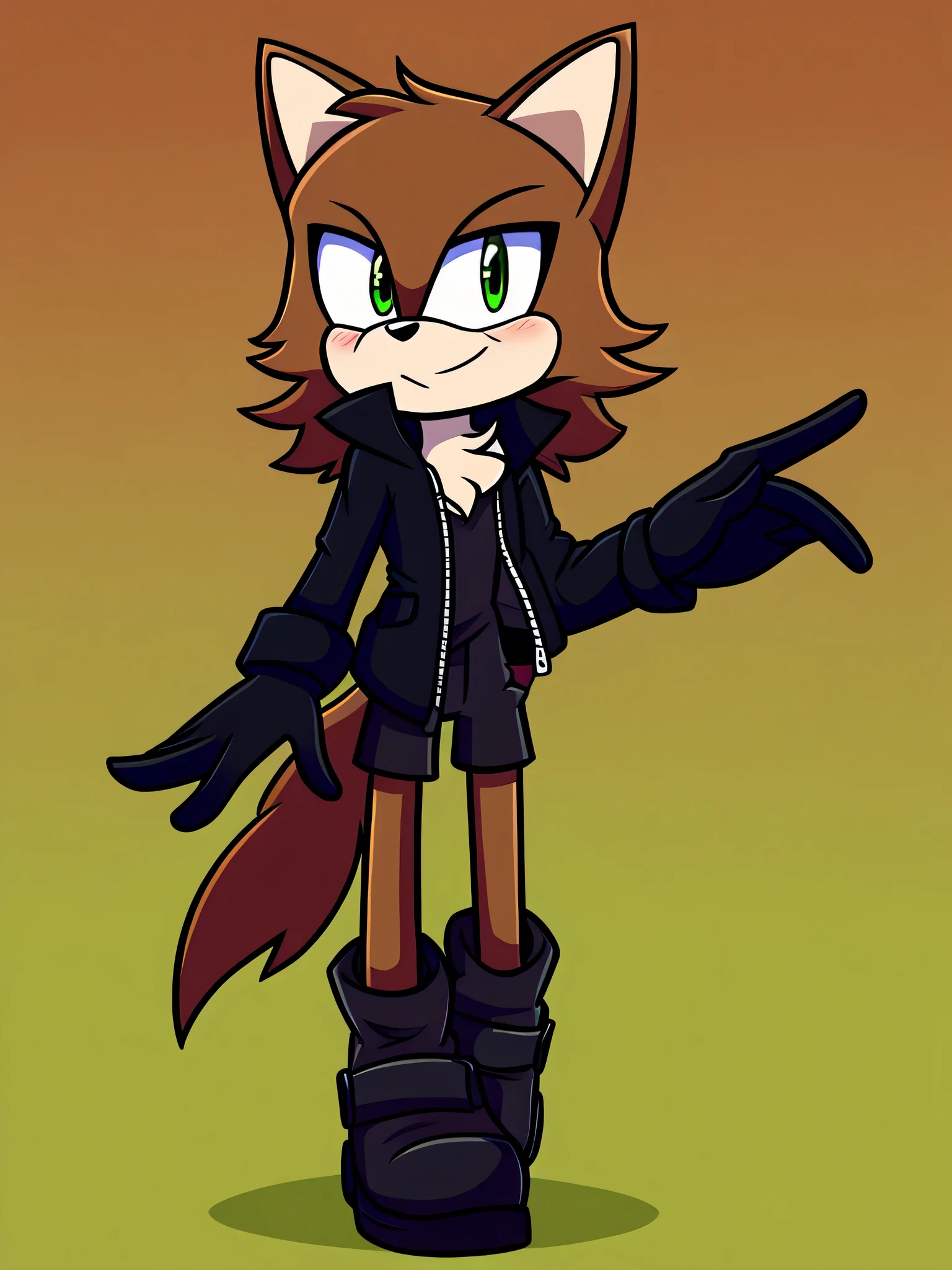 Mobian, brown wolf, male, long black jacket, black shorts, black boots, black gloves, plain background, green eyes
