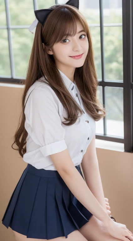 Cat ear maid cosplay maid's uniform ((highest quality、8K、masterpiece:1.3))、1 girl、The beauty of slim abs:1.3、(brown hairのショートカット、big breasts:1.2)、super fine face、delicate eyes、double eyelid、laughter、Home、Raw photo、20 year old woman、sexy shot、Gold is better than beauty、spread legs Idol Nogizaka46 AKB48 brown hair long hair