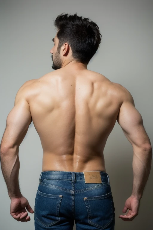 realistic photo of  muscular and masculine man, 40 years old, full body, mustache,  detailed face. tigth jeans ,  facing the camera. Backside. Bent over