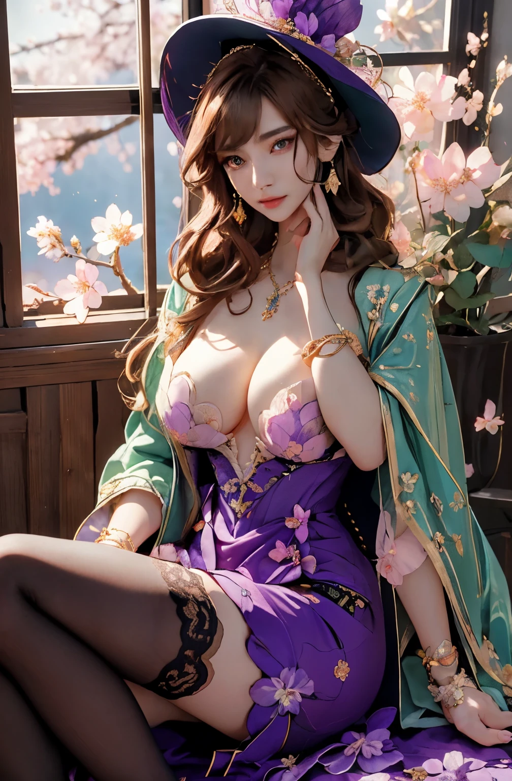 Lisa \(Genshin Impact\), delicated best quality ,masterpiece, illustration, an extremely delicate and beautiful, extremely detailed ,CG ,unity ,8k wallpaper, Amazing, finely detail, masterpiece, best quality, official art, extremely detailed CG unity 8k wallpaper, absurdres, incredibly absurdres, huge filesize , ultra-detailed, highres, extremely detailed, beautiful detailed girl, extremely detailed eyes and face, beautiful detailed eyes, light on face, 1girl, (lie down on bed)!!, anime style, (masterpiece:1.35),(bestquality:1.4), 8k, ultra-detailed, photography, (ultra-realistic:1.4), (depth of field)!!, female focus, mature female, (Pretty Asian female:1.45), adult, ultra white skin, delicate face, delicate skin, realistic skin, make over face, (looking at viewer)!!!, (coat_on_shoulders)!!!, blush, closed mouth, seductive smile, peach lips, detached sleeves, (gloves)!!, purple witch hat, hat with flower, golden earrings, fingernails, hair between eyes, hair bangs, (ultra shine brown hair)!!, very long hair, detailed realistic hair, purple dress, (wear jacket coat)!!!, detailed realistic coat, multicolored clothes, purple capelet, jewelry, detailed jewelry, neck garter, necklace, (covered chest)!!, (coat_on_breast)!!, slim legs, petticoat, fishnet legs, pantyhose, smooth thighs cleavage, garter thighs, nontraditional Lisa, (sharp eyes)!!, (eye's pupils colored by shiny green:1.25)!!, (homochromatic eyes)!!, (exposed eyes)!!, cherry blossom, window, There are birds in the sky, There are butterflies, Snowy mountain in the background of windows, The sky is blue, river outside the room, Lisa \(Genshin Impact\), (correct anatomically)!!