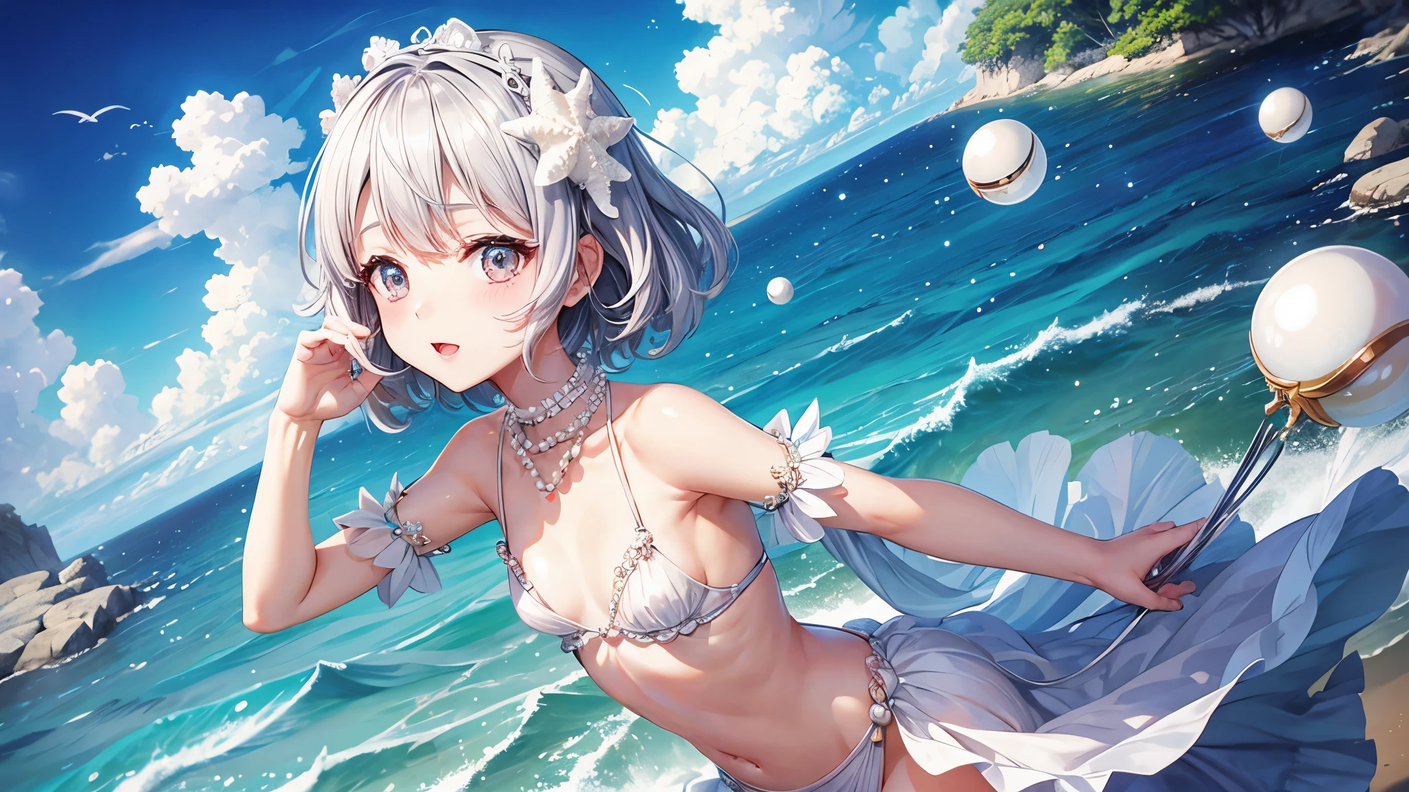 girl、small breasts、Pearl Accessories、Personification of pearls、Silver、short hair、Ocean