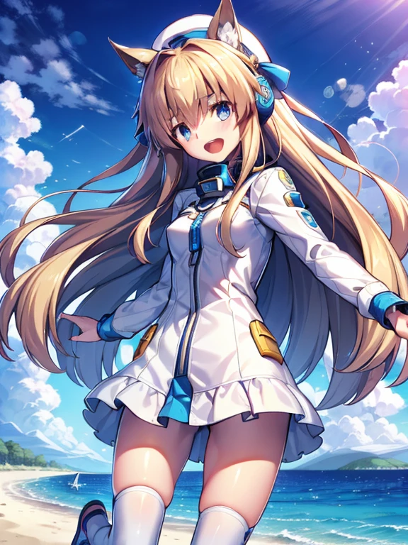((masterpiece))、highest quality、(Whole body wide angle)、Neo Universe(Umamusume)、1 girl, Neo Universe(Umamusume)、alone, chest, looking at the viewer, blush, smile, long hair, bangs, large chest, blonde long hair, long sleeve, blue eyes, headphone,beret,:d, body suit, b space, white body suit, blue sky,Ocean,summer,Wind:1.3,, space suit break