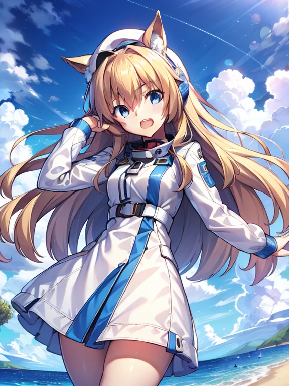 ((masterpiece))、highest quality、(Whole body wide angle)、Neo Universe(Umamusume)、1 girl, Neo Universe(Umamusume)、alone, chest, looking at the viewer, blush, smile, long hair, bangs, large chest, blonde long hair, long sleeve, blue eyes, headphone,beret,:d, body suit, bSpace, white body suit, blue sky,Ocean,summer,Wind:1.3,, Space Suit Break 