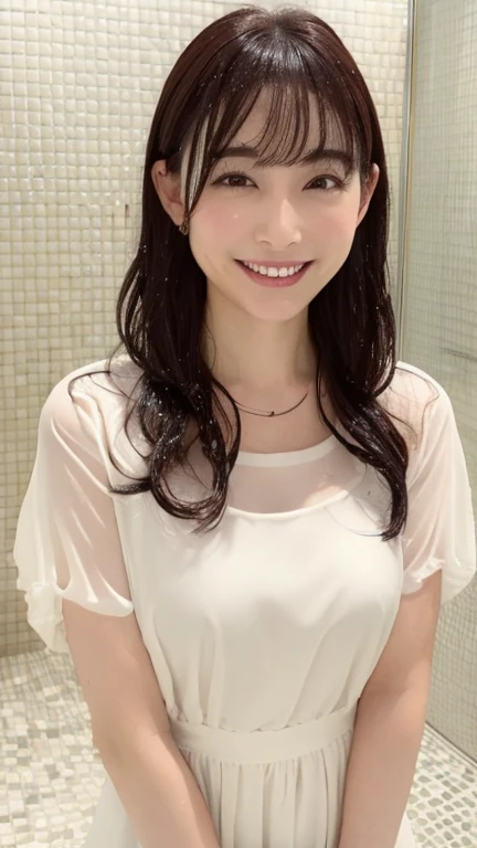 the whole body is wet (realistic,realistic,Photoreal:1.37),japanese girl、 girl has a perfect body、smile、Transparency、big and full breasts、water dripping My clothes are transparent hair is wet、Fair skin、real human skin、pore switching smile full body shot shower room one piece Refreshing outfit comb your hair