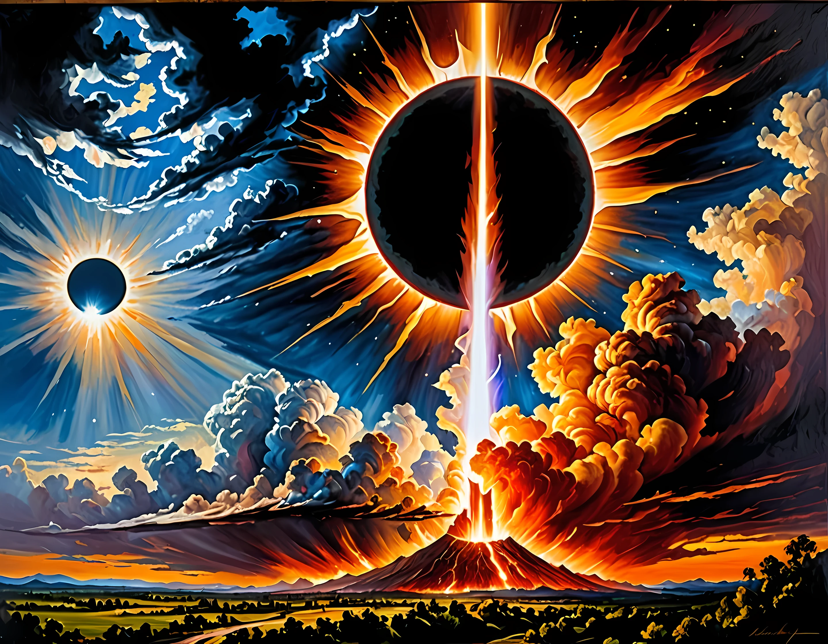 (masterpiece, best quality:1.2) (oil painting) a beam of [white-light:.9] erupts out of a [green-mountain:.9] upwards toward a (fiery (solar-eclipse)) epic_landscape, cinematic, hope, annihilation (detailed, high-saturation)