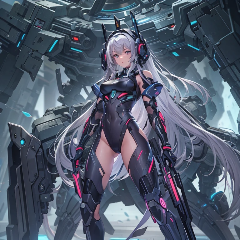 masterpiece, highest quality, 4k, Mecha, starry null, null, performer(null), cape, head band, thin legs, long hair, gray hair, cyber punk, Depth of the bounds written, blurred background,