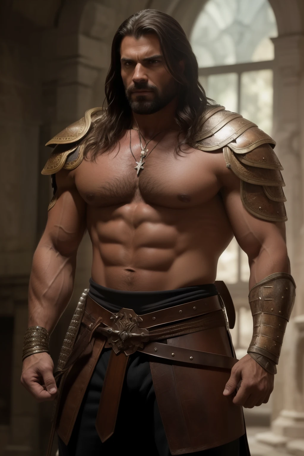 A realistic image of a muscular, tanned man with brunette hair and a large sword on his back. This hombre, or Latin for man, exudes strength and power in this magnificent 2K image. The rich textures of his weathered leather armor and the intricate details of the sword's metallic design are showcased under the soft natural light. His piercing brown eyes meet the viewer's gaze with unwavering intensity, as if daring you to challenge his might. The scene is reminiscent of old-school fantasy depictions, harkening back to epic tales of chivalry and valiance. The man's broad shoulders and well-defined muscles are on