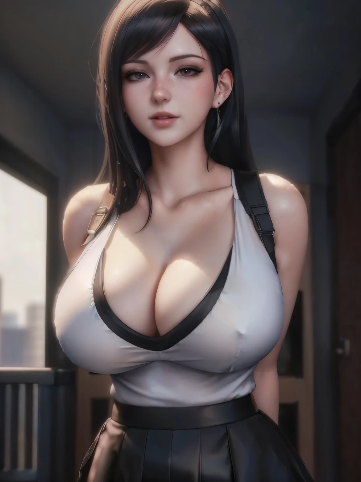 a close up of a woman in a black skirt and a white top, tifa lockhart, tifa, seductive tifa lockhart portrait, tifa lockheart, tifa lockhart portrait, glamorous tifa lockheart, portrait of tifa lockhart, tifa lockhart with white hair, 3 d anime realistic, realistic anime 3 d style, seductive anime girl