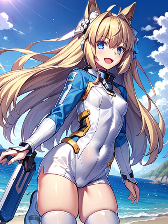 ((masterpiece))、highest quality、(Whole body wide angle)、Neo Universe(Umamusume)、1 girl, Neo Universe(Umamusume)、alone, chest, looking at the viewer, blush, smile, long hair, bangs, large chest, blonde long hair, long sleeve, blue eyes, headphone,beret,:d, body suit, b space, white body suit, blue sky,Ocean,summer,Wind:1.3,, space suit break