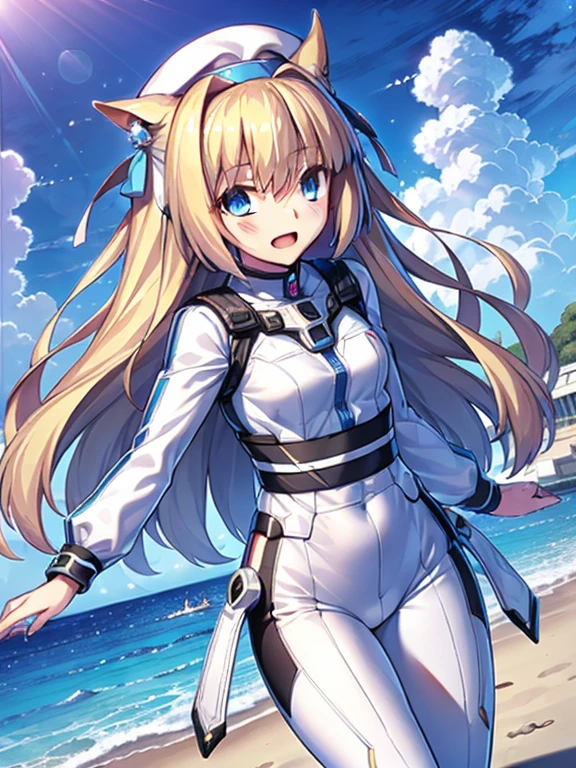 ((masterpiece))、highest quality、(Whole body wide angle)、Neo Universe(Umamusume)、1 girl, Neo Universe(Umamusume)、alone, chest, looking at the viewer, blush, smile, long hair, bangs, large chest, blonde long hair, long sleeve, blue eyes, headphone,beret,:d, body suit, b space, white body suit, blue sky,Ocean,summer,Wind:1.3,, space suit break