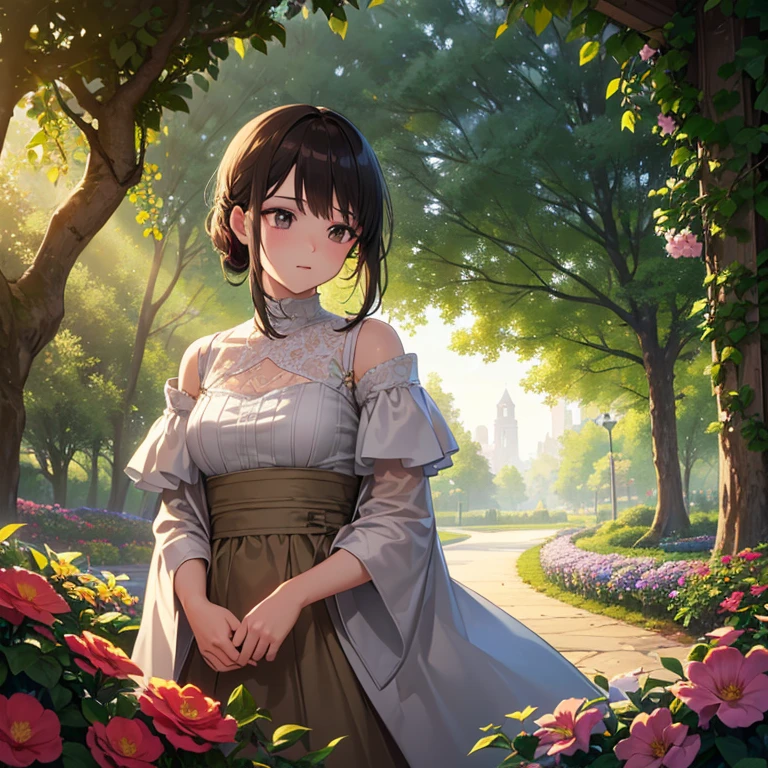 (Highly detailed CG Unity 8K wallpaper, masterpiece, highest quality, Super detailed), (best illumination, best shadow, very delicate and beautiful), flower garden, rich green, sunlight shining through, Depth of the bounds written, Warm and inviting atmosphere.