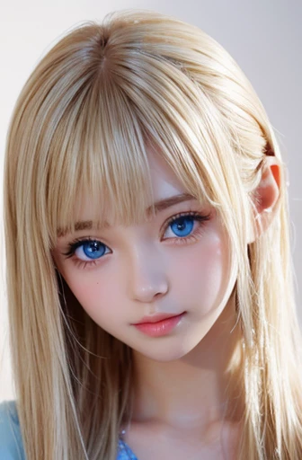 Shiny and beautiful fair skin、Blonde hair changes color when exposed to light、Long bangs block sight、Highlight cheek glow、Sexy and very pretty pretty cute gorgeous face、The most beautiful face in the world、The most beautiful super long gorgeous blonde hair in the world、smooth straight hair、big deal, Bright light blue eyes sparkling、beautiful bangs、plump bust、13 year old beautiful Swedish cute girl