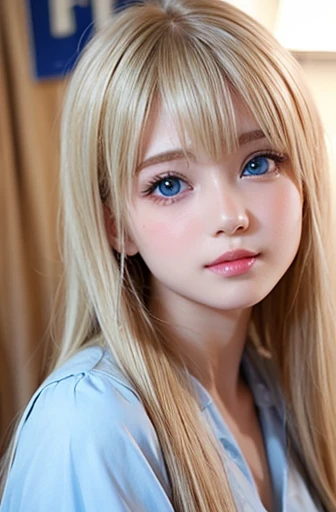 Shiny and beautiful fair skin、Blonde hair changes color when exposed to light、Long bangs block sight、Highlight cheek glow、Sexy and very pretty pretty cute gorgeous face、The most beautiful face in the world、The most beautiful super long gorgeous blonde hair in the world、smooth straight hair、big deal, Bright light blue eyes sparkling、beautiful bangs、plump bust、13 year old beautiful Swedish cute girl