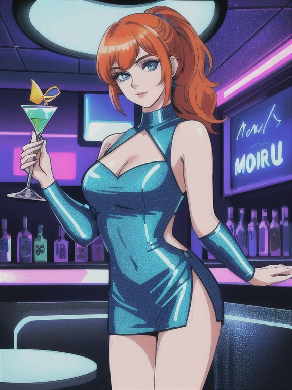 (best quality, highres, ultra-detailed, realistic:1.37), 1girl, solo, ((32 years old, wearing a blue sequin dress, medium breasts, short orange hair, pony tail styled hair, pale skin, natural makeup, perfect model body:1.3, detailed blue eyes:1.5, beautiful detailed lips, extremely detailed face, long eyelashes, looking at the viewer, holding a martini glass)), sci-fi, digital art, futuristic coloring, vibrant lighting, (Background: Indoors, night club, bar, neon lights, futuristic, Sci-Fi, cyberpunk theme, futuristic technology in the background)
