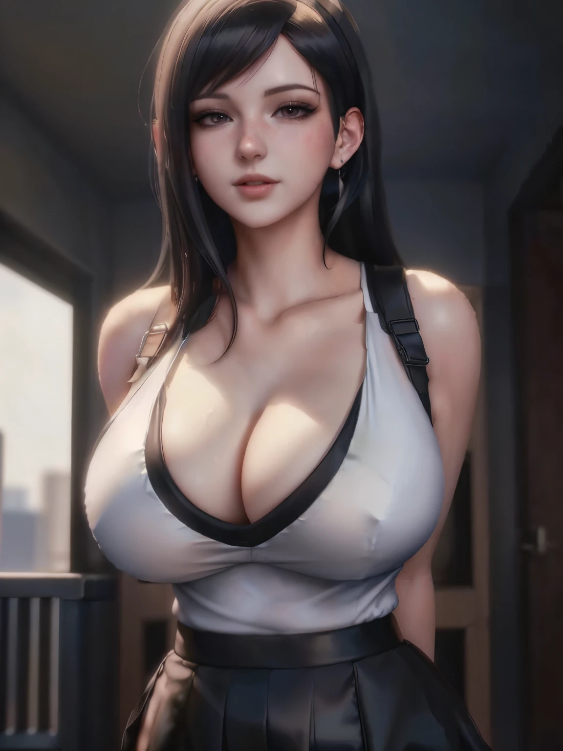 a close up of a woman in a black skirt and a white top, tifa lockhart, tifa, seductive tifa lockhart portrait, tifa lockheart, tifa lockhart portrait, glamorous tifa lockheart, portrait of tifa lockhart, tifa lockhart with white hair, 3 d anime realistic, realistic anime 3 d style, seductive anime girl
