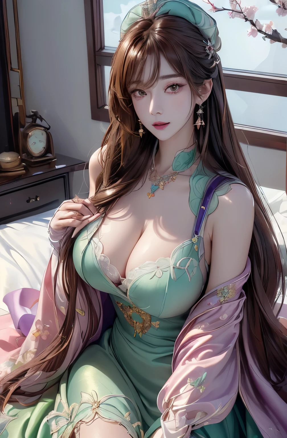 Lisa \(Genshin Impact\), delicated best quality ,masterpiece, illustration, an extremely delicate and beautiful, extremely detailed ,CG ,unity ,8k wallpaper, Amazing, finely detail, masterpiece, best quality, official art, extremely detailed CG unity 8k wallpaper, absurdres, incredibly absurdres, huge filesize , ultra-detailed, highres, extremely detailed, beautiful detailed girl, extremely detailed eyes and face, beautiful detailed eyes, light on face, 1girl, (lie down on bed)!!, anime style, (masterpiece:1.35),(bestquality:1.4), 8k, ultra-detailed, photography, (ultra-realistic:1.4), (depth of field)!!, female focus, mature female, (Pretty Asian female:1.45), adult, ultra white skin, delicate face, delicate skin, realistic skin, make over face, (looking at viewer)!!!, (coat_on_shoulders)!!!, blush, closed mouth, seductive smile, peach lips, detached sleeves, (gloves)!!, purple witch hat, hat with flower, golden earrings, fingernails, hair between eyes, hair bangs, (ultra shine brown hair)!!, very long hair, detailed realistic hair, purple dress, (wear jacket coat)!!!, detailed realistic coat, multicolored clothes, purple capelet, jewelry, detailed jewelry, neck garter, necklace, (covered chest)!!, (coat_on_breast)!!, slim legs, petticoat, fishnet legs, pantyhose, smooth thighs cleavage, garter thighs, nontraditional Lisa, (sharp eyes)!!, (eye's pupils colored by shiny green:1.25)!!, (homochromatic eyes)!!, (exposed eyes)!!, cherry blossom, window, There are birds in the sky, There are butterflies, Snowy mountain in the background of windows, The sky is blue, river outside the room, Lisa \(Genshin Impact\), (correct anatomically)!!