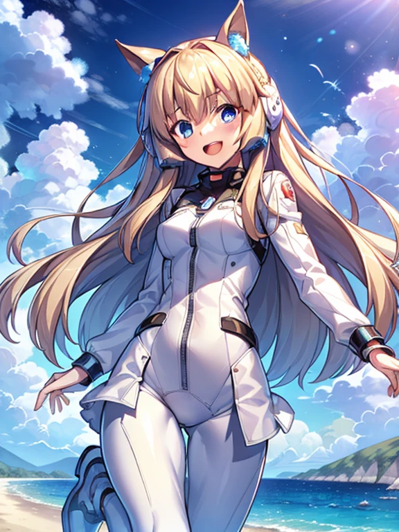 ((masterpiece))、highest quality、(Whole body wide angle)、Neo Universe(Umamusume)、1 girl, Neo Universe(Umamusume)、alone, chest, looking at the viewer, blush, smile, long hair, bangs, large chest, blonde long hair, long sleeve, blue eyes, headphone,beret,:d, body suit, b space, white body suit, blue sky,Ocean,summer,Wind:1.3,, space suit break 