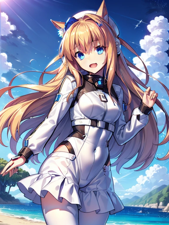 ((masterpiece))、highest quality、(Whole body wide angle)、Neo Universe(Umamusume)、1 girl, Neo Universe(Umamusume)、alone, chest, looking at the viewer, blush, smile, long hair, bangs, large chest, blonde long hair, long sleeve, blue eyes, headphone,beret,:d, body suit, bSpace, white body suit, blue sky,Ocean,summer,Wind:1.3,, Space Suit Break