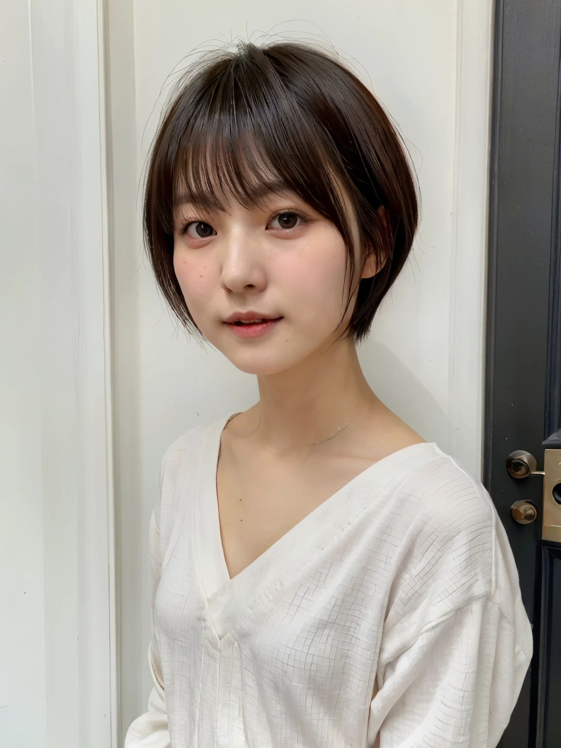 table top、japanese woman、Raw photo (30 year old girl),Black Long Sleeve Dress,realistic skin, (high detail skin:1.2),Taken in front of the white door,spring colors,realistic, film grain,bright colors,beautiful face,soft natural light、shortcut、short hair、don&#39;t look at the camera、avert your eyes、face down