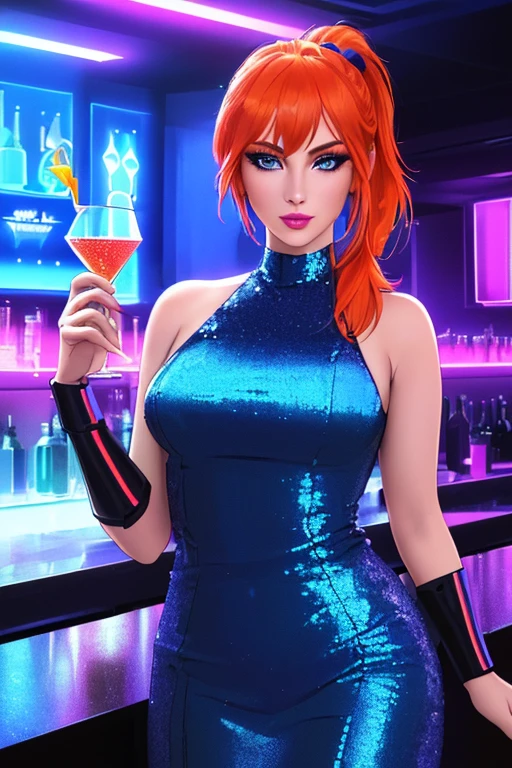 (best quality, highres, ultra-detailed, realistic:1.37), 1girl, solo, ((32 years old, wearing a blue sequin dress, medium breasts, short orange hair, pony tail styled hair, pale skin, natural makeup, perfect model body:1.3, detailed blue eyes:1.5, beautiful detailed lips, extremely detailed face, long eyelashes, looking at the viewer, holding a martini glass)), sci-fi, digital art, futuristic coloring, vibrant lighting, (Background: Indoors, night club, bar, neon lights, futuristic, Sci-Fi, cyberpunk theme, futuristic technology in the background)