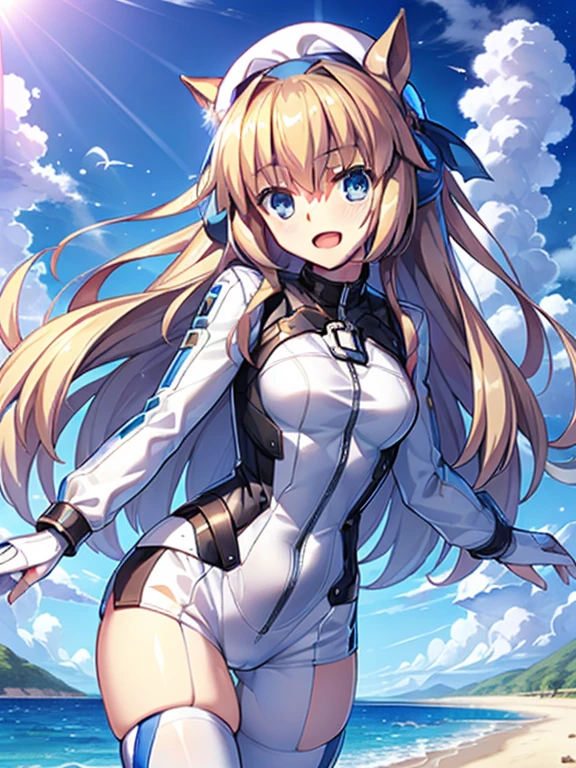 ((masterpiece))、highest quality、(Whole body wide angle)、Neo Universe(Umamusume)、1 girl, Neo Universe(Umamusume)、alone, chest, looking at the viewer, blush, smile, long hair, bangs, large chest, blonde long hair, long sleeve, blue eyes, headphone,beret,:d, body suit, b space, white body suit, blue sky,Ocean,summer,Wind:1.3,, space suit break