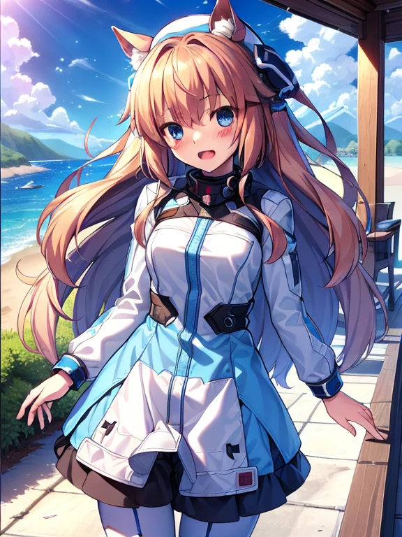 ((masterpiece))、highest quality、(Whole body wide angle)、Neo Universe(Umamusume)、1 girl, Neo Universe(Umamusume)、alone, chest, looking at the viewer, blush, smile, long hair, bangs, large chest, blonde long hair, long sleeve, blue eyes, headphone,beret,:d, body suit, b space, white body suit, blue sky,Ocean,summer,Wind:1.3,, space suit break