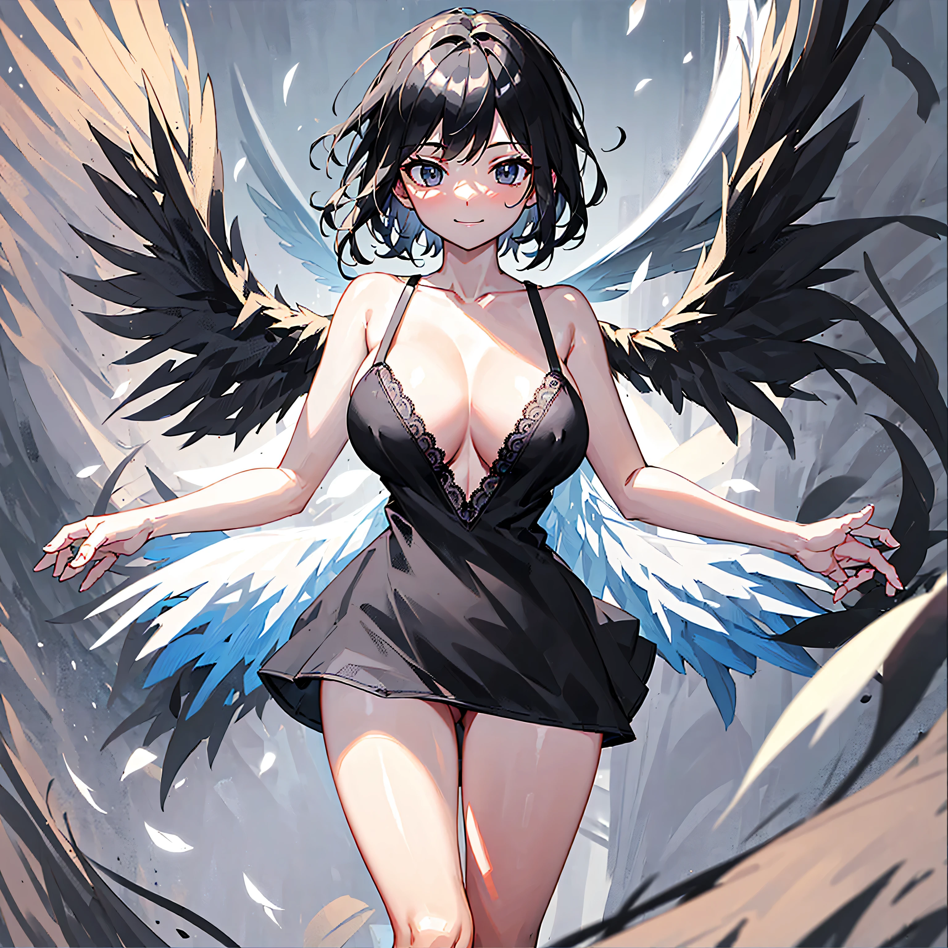 (1 seraphim girl standing on peak of frozen snowy mountain) higher than overcast, blowing frozen wind, (solo), swinging back, multiple wings, (she has 12 wings on her back), (6 white wings:1.5) and (6 black wings:1.5), BREAK, (wearing nothing without a lace trimmed sheer short black chemise:1.8), (black plunging neckline:1.2), shoulder straps, too short black skirt flapping by wind, stiletto heels, BREAK, (black short hair:1.3), sidelocks, black eyes, collarbone, (bouncing large perky breasts:1.2), (cleavage), inconceivably narrow waist, (bared skinny arms), (bared skinny long legs), thigh gap, tiptoe, BREAK, baby face, nose blush, smile for viewer, open mouth, orgasm, BREAK, full body, (extremely detailed CG unity 8k wallpaper), (beautiful detailed), (ultra high resolution), (masterpiece:1.2), (best quality), (beautiful illustration)