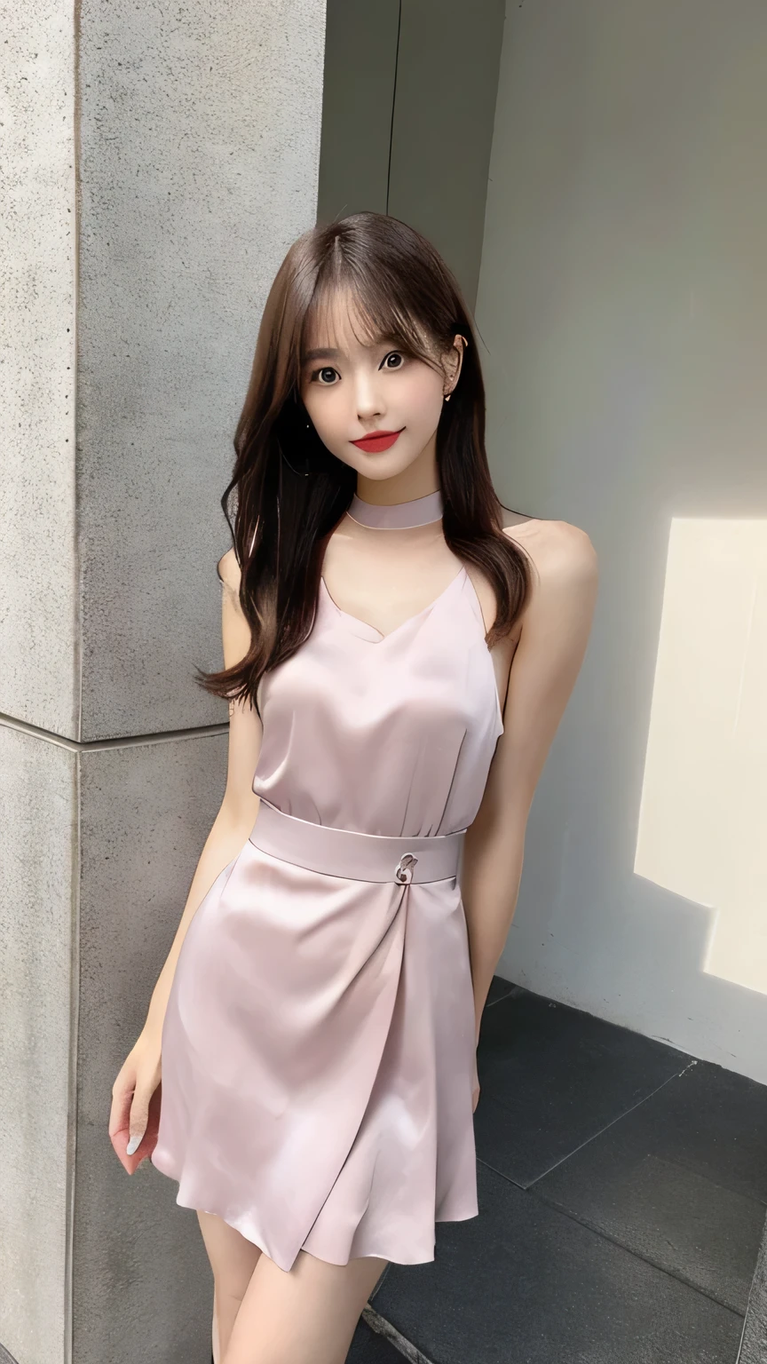 lady 1people,(full body figure:1.2),(nine heads and bodies:2.0), small butt,(thin thighs),(long and thin legs: 2.0),(Knees Stretch:2.0),stand with legs closed,(height 2/3 is the leg:2.0), (light cherry color pumps:1.2), (Tight casual dress made of light cherry color silk :1.3), light cherry color choker,Transparent white glossy skin, 25 years old, cute sexy little face, light red lips, parted lips, sexy face, sexy young woman, light brown straight hair, Asian eyes, Beautiful smile, Medium chest, slender body shape, tight waist, beautiful hands, thin shoulders, look at the audience, standing position, bamboo forest morning