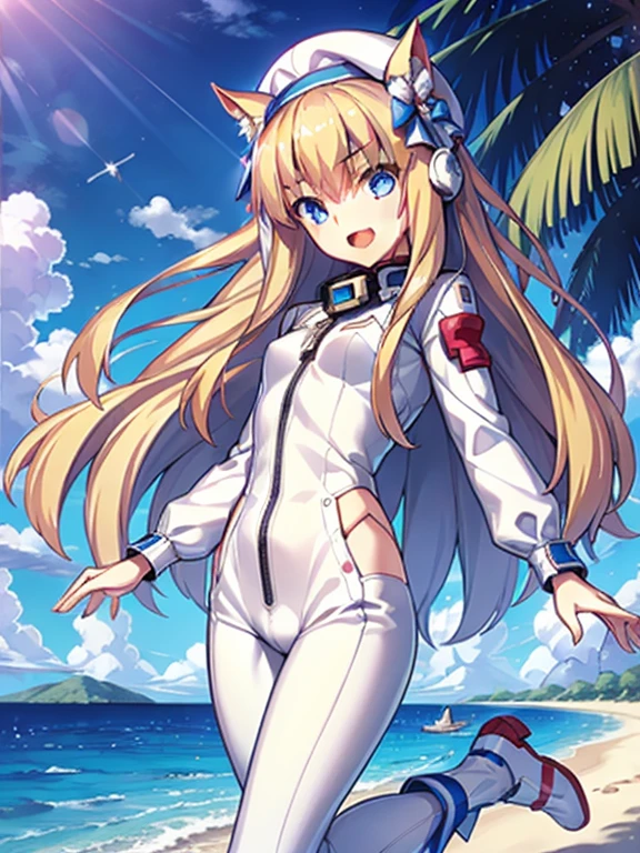 ((masterpiece))、highest quality、(Whole body wide angle)、Neo Universe(Umamusume)、1 girl, Neo Universe(Umamusume)、alone, chest, looking at the viewer, blush, smile, long hair, bangs, large chest, blonde long hair, long sleeve, blue eyes, headphone,beret,:d, body suit, b space, white body suit, blue sky,Ocean,summer,Wind:1.3,, space suit break