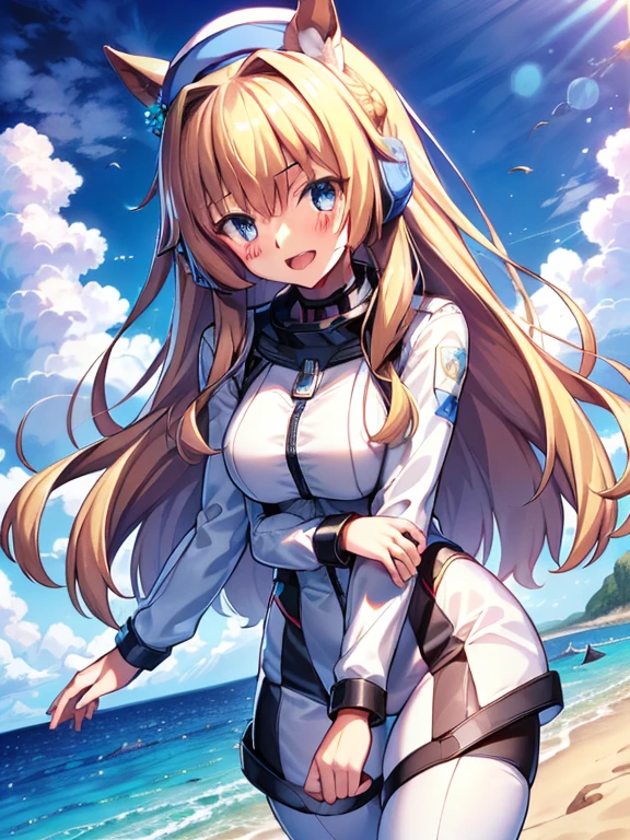 ((masterpiece))、highest quality、(Whole body wide angle)、Neo Universe(Umamusume)、1 girl, Neo Universe(Umamusume)、alone, chest, looking at the viewer, blush, smile, long hair, bangs, large chest, blonde long hair, long sleeve, blue eyes, headphone,beret,:d, body suit, b space, white body suit, blue sky,Ocean,summer,Wind:1.3,, space suit break