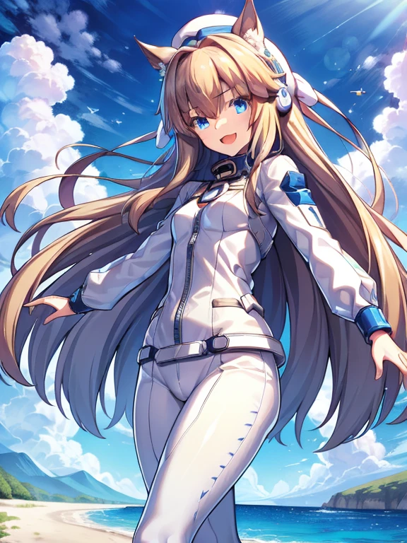 ((masterpiece))、highest quality、(Whole body wide angle)、Neo Universe(Umamusume)、1 girl, Neo Universe(Umamusume)、alone, chest, looking at the viewer, blush, smile, long hair, bangs, large chest, blonde long hair, long sleeve, blue eyes, headphone,beret,:d, body suit, b space, white body suit, blue sky,Ocean,summer,Wind:1.3,, space suit break