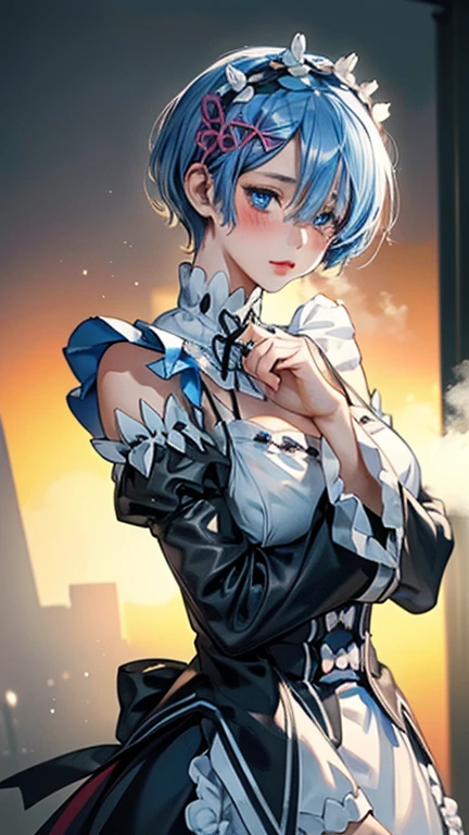 NSFW,(masterpiece, 最high quality, Super detailed, 8K, wallpaper, realistic), ((perfect hands)), ((perfect anatomy)), High-definition RAW color photo, Professional photo shoot, cinematic light,, {{rem, re:zero}}, large breasts, blue eyes, hair over one eye, blue hair, short hair, maid, maid apron,, best quality, amazing quality, very aesthetic, absurdres.6), BREAK looking at viewer,(blush:1.3),(steam:1.3),(wet:1.2),(swet:1.2), BREAK (masterpiece:1.4), (best quality:1.4), ((perfect anatomy, anatomically correct, super dense skin)),beautiful skin, shiny skin, perfect fingers, five fingers, anatomically correct, background bokeh, high quality, 超realistic, bright colors, ((nikon, 135㎜, f/1.8, very detailed, photo shoot)),