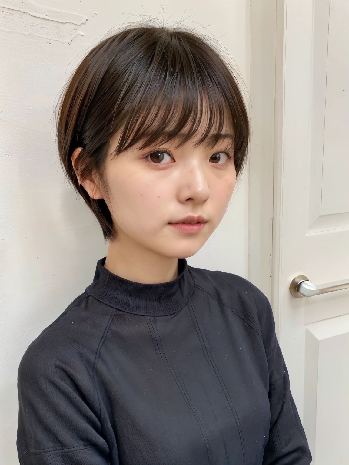 table top、japanese woman、Raw photo (30 year old girl),Black Long Sleeve Dress,realistic skin, (high detail skin:1.2),Taken in front of the white door,spring colors,realistic, film grain,bright colors,beautiful face,soft natural light、shortcut、short hair、don't look at the camera、avert your eyes、face down
