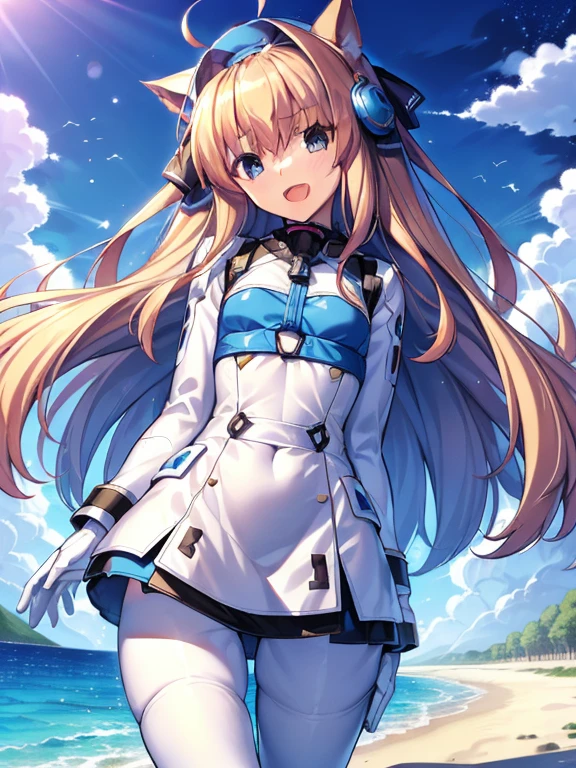 ((masterpiece))、highest quality、(Whole body wide angle)、Neo Universe(Umamusume)、1 girl, Neo Universe(Umamusume)、alone, chest, looking at the viewer, blush, smile, long hair, bangs, large chest, blonde long hair, long sleeve, blue eyes, headphone,beret,:d, body suit, b space, white body suit, blue sky,Ocean,summer,Wind:1.3,, space suit break