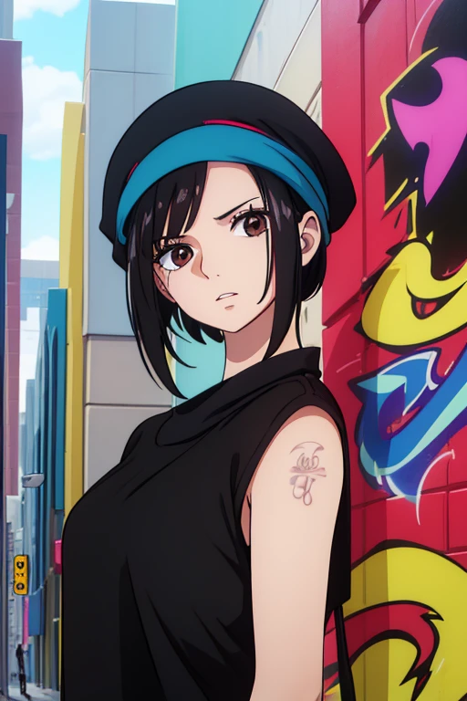 (best quality,4k,8k,highres,masterpiece:1.2), ultra-detailed, Animated, girl, mature face, long black hair, brown eyes, black hair, short hair, determined, graffiti, girl graffer, durag, cool girl