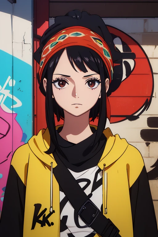 (best quality,4k,8k,highres,masterpiece:1.2), ultra-detailed, Animated, girl, mature face, long black hair, brown eyes, black hair, short hair, determined, graffiti, girl graffer, durag, cool girl