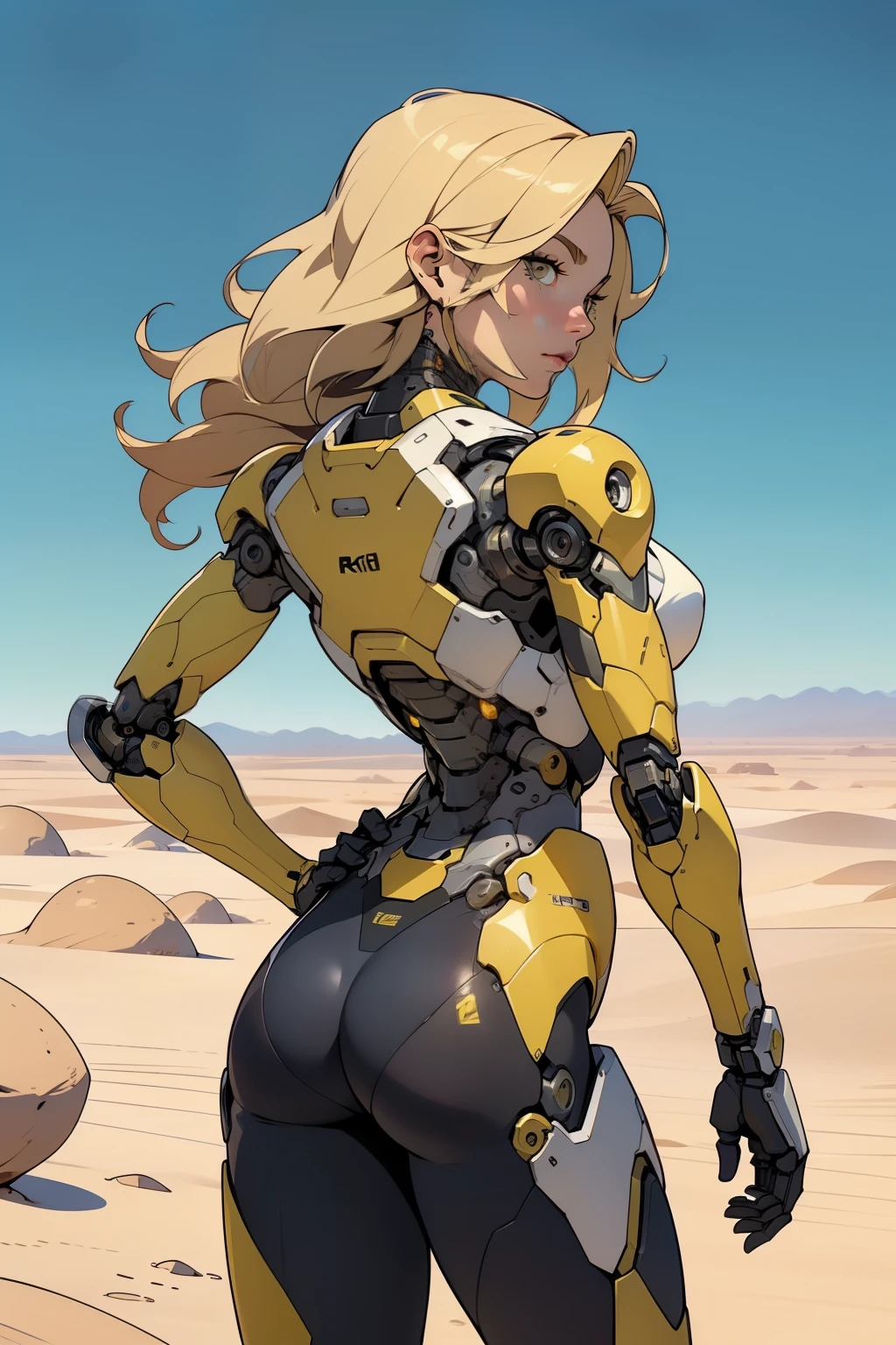 high quality, 4k, masterpiece, beautiful, cyborg girl, yellow design, cowboy shot, dull eyes, back side, turning around to look at viewer, long blonde hair, girl, small breasts, fit thigh, robotic arms, robotic body, cyborg body, yellow accent, redaccent, intricate detail, joint, detailed lines, robotic detail, 1fist on hip, color robotic parts, robotic parts with color, perfect fingers, on a desert planet, sunny background, colorful desert,