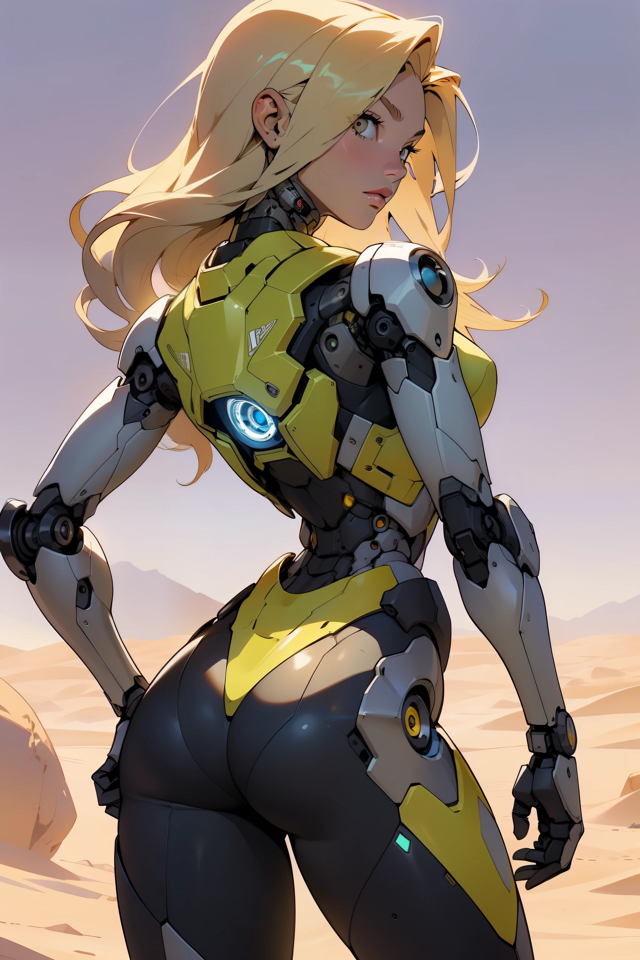 high quality, 4k, masterpiece, beautiful, cyborg girl, yellow design, cowboy shot, dull eyes, back side, turning around to look at viewer, long blonde hair, girl, small breasts, fit thigh, robotic arms, robotic body, cyborg body, yellow accent, redaccent, intricate detail, joint, detailed lines, robotic detail, 1fist on hip, color robotic parts, robotic parts with color, perfect fingers, on a desert planet, sunny background, colorful desert,