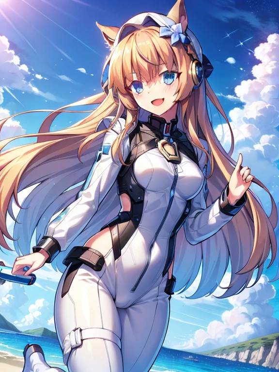 ((masterpiece))、highest quality、(Whole body wide angle)、Neo Universe(Umamusume)、1 girl, Neo Universe(Umamusume)、alone, chest, looking at the viewer, blush, smile, long hair, bangs, large chest, blonde long hair, long sleeve, blue eyes, headphone,beret,:d, body suit, b space, white body suit, blue sky,Ocean,summer,Wind:1.3,, space suit break 