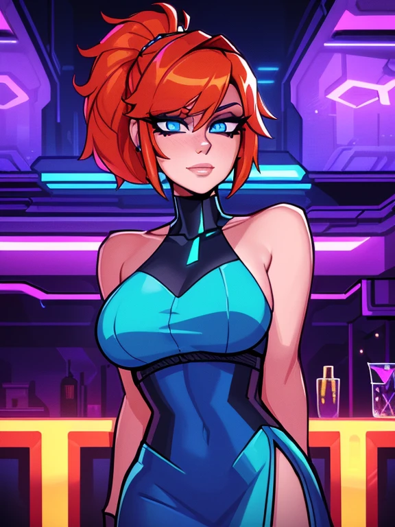 (best quality, highres, ultra-detailed, realistic:1.37), 1girl, solo, ((32 years old, wearing a blue sequin dress, medium breasts, short orange hair, pony tail styled hair, pale skin, natural makeup, perfect model body:1.3, detailed blue eyes:1.5, beautiful detailed lips, extremely detailed face, long eyelashes, looking at the viewer, holding a martini glass)), sci-fi, digital art, futuristic coloring, vibrant lighting, (Background: Indoors, night club, bar, neon lights, futuristic, Sci-Fi, cyberpunk theme, futuristic technology in the background)