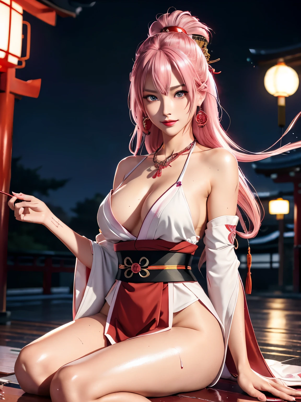 Nontraditional Yae miko, anime style, (masterpiece:1.35),(bestquality:1.4), 8k,ultra-detailed, photography, (ultra-realistic:1.4), film grain, Fujifilm XT3, depth of field, female focus, mature female, (sexy Asian female:1.45), (photo from front)!!, adult, (looking at viewer)!!, bare shoulders, blush, happy smile, red lips, detached sleeves, earrings, fingernails, hair between eyes, hair bangs, (pink hair)!!, very long hair, detailed realistic hair, symetrical hair ornament, red hanfu, detailed realistic clothes, jewelry, purple gemstone, detailed jewelry, neck garter, necklace, armpit, detailed eyes, (shiny eyes pupils:1.25)!!, (colored sharp eyes)!!!, (homochromatic eyes)!!, cherry blossom, sidelocks, (sit down at wooden chairs in the red japanese shrine and neon lights reflecting on wet streets)!!, fireworks, yae miko \(genshin impact\), (correct anatomically)!!,