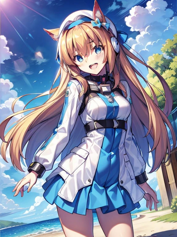 ((masterpiece))、highest quality、(Whole body wide angle)、Neo Universe(Umamusume)、1 girl, Neo Universe(Umamusume)、alone, chest, looking at the viewer, blush, smile, long hair, bangs, large chest, blonde long hair, long sleeve, blue eyes, headphone,beret,:d, body suit, b space, white body suit, blue sky,Ocean,summer,Wind:1.3,, space suit break