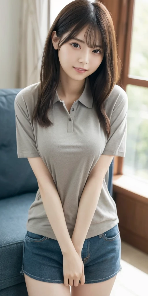 ((masterpiece))、((highest quality))、photograph、16K、reality、High level image quality、super detailed、married woman、40 generations、plump body、8 life size、anatomically correct proportions、delicate features、long hair fluttering in the wind、Realistic background and accessories、sexy smile、captivating gaze、big and full breasts、soft chest、natural soft light、living room、sofa、Standing near the window、Grey polo shirt、black mooth and beautiful thighs、