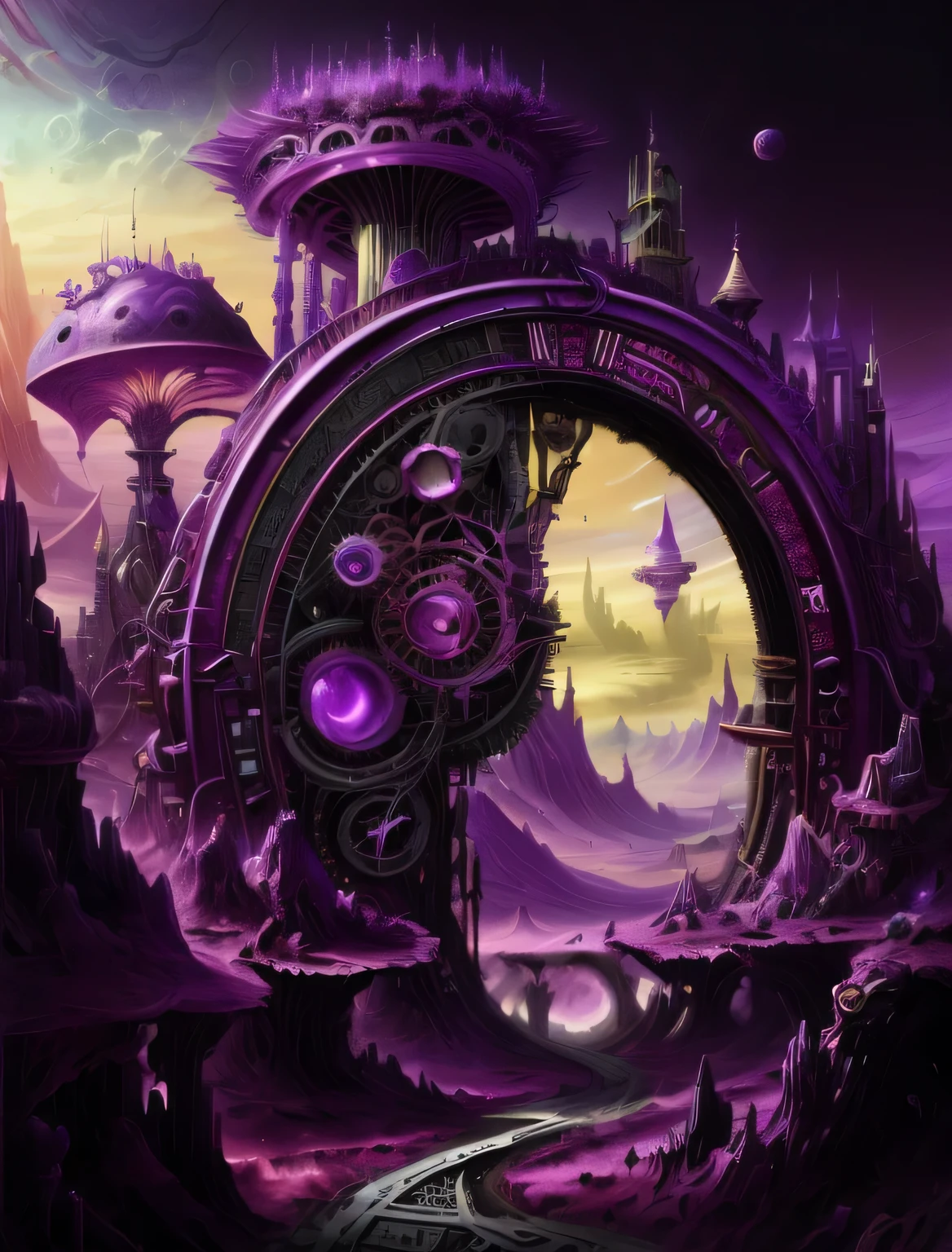 purple digital art of a clock in a purple landscape, surrealistic digital artwork, surreal concept art, fantasy surrealism, 4 k surrealism, epic mysterious surrealism, portal to another world, detailed fantasy digital art, 4k highly detailed digital art, wonderland portal, digital steampunk art, surreal and fantasy art, surreal 3 d render, steampunk forest, violet planet, surreal colors