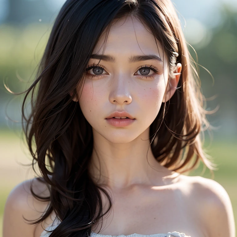 film portrait photography, 1 girl, bare shoulders, Wavy shoulder-length hair, calm, Calm, (realistic detailed eyes, natural skin texture, realistic facial details), soft and dramatic lighting, Depth of the bounds written, Bokeh, vivid details, finely, surreal, 35mm film, hazy blur, movie,