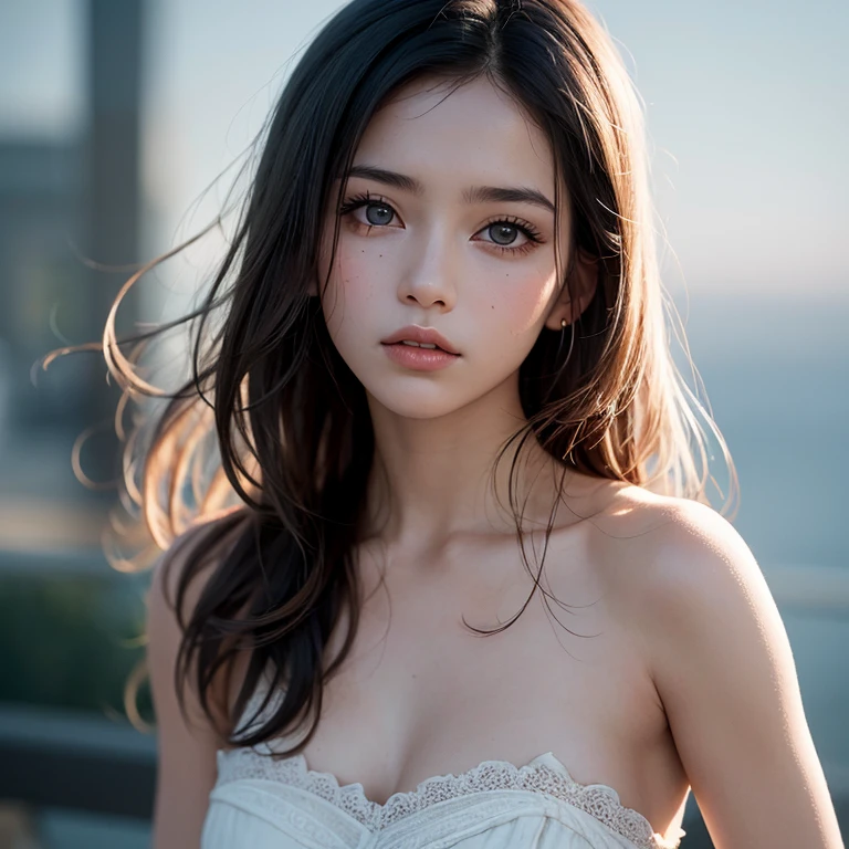 film portrait photography, 1 girl, bare shoulders, Wavy shoulder-length hair, calm, Calm, (realistic detailed eyes, natural skin texture, realistic facial details), soft and dramatic lighting, Depth of the bounds written, Bokeh, vivid details, finely, surreal, 35mm film, hazy blur, movie,