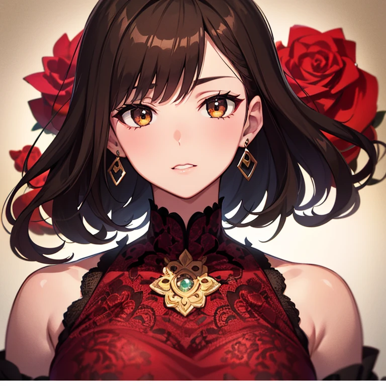 8K, Raw photo, fujifilm, Beautiful 45 year old woman style photo, square face, red rose on neck, wearing a red and black lace dress, gold earrings, Strong features like a spinning pigeon, (highly detailed skin: 1.2), light medium brown hair, film grain, 35mm, cute style