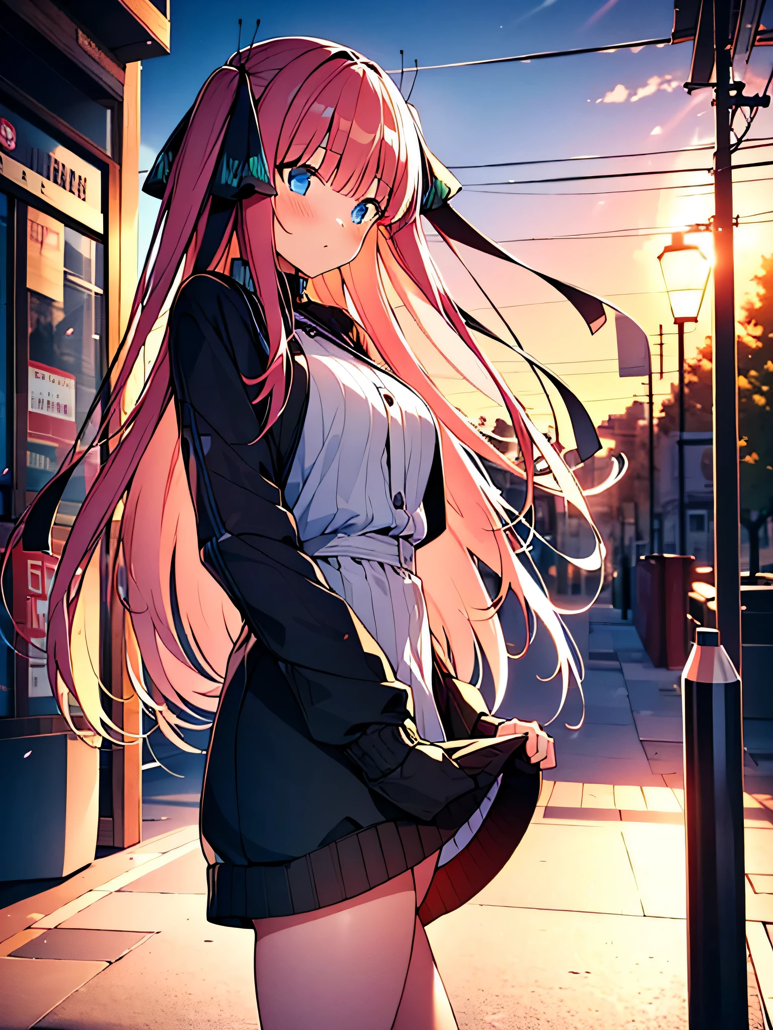 All intricate details: "(masterpiece, best quality, HuTaoV4, 1girl, solo, blush, twintails, long hair, hair between eyes, ((streetwear clothes)), city, outdoors, night, movie poster, extremely detailed 8K, fir breats, medium breasts, smooth, high resolution, ultra quality, extremely thin and light clothing transparent as air, cinematic lighting, ambient occlusion, hd, 2k, 4k, 8k, 16k, extremely detailed anime, detailed faces, perfect composition, wide shot, atmospheric lighting, very sexy, lift skirt, random low angle, uncensored, nsfw)"